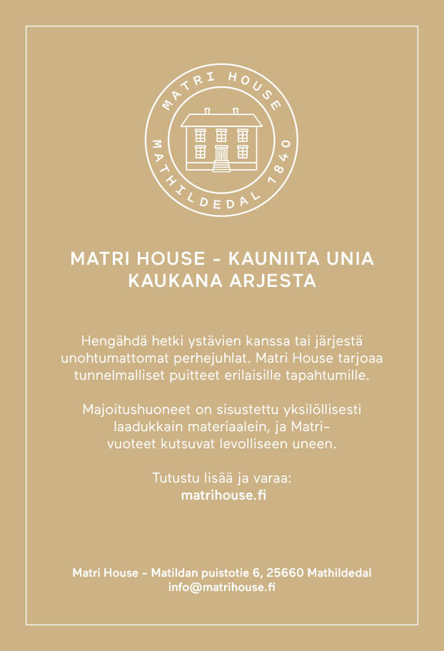 matri house beige mainos valkoista tekstiä ja logo