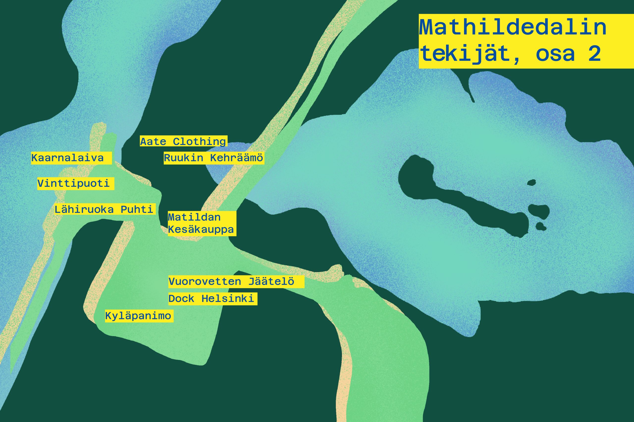 Sinivihreä kuvitus mathildedalin kartasta, jossa merkittynä puodit